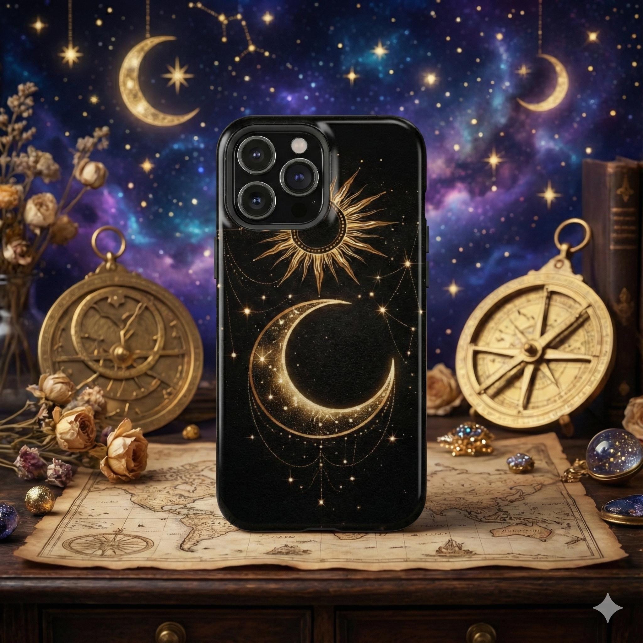 Golden Sun and Crescent Moon phone case | Impact-Resistant Case