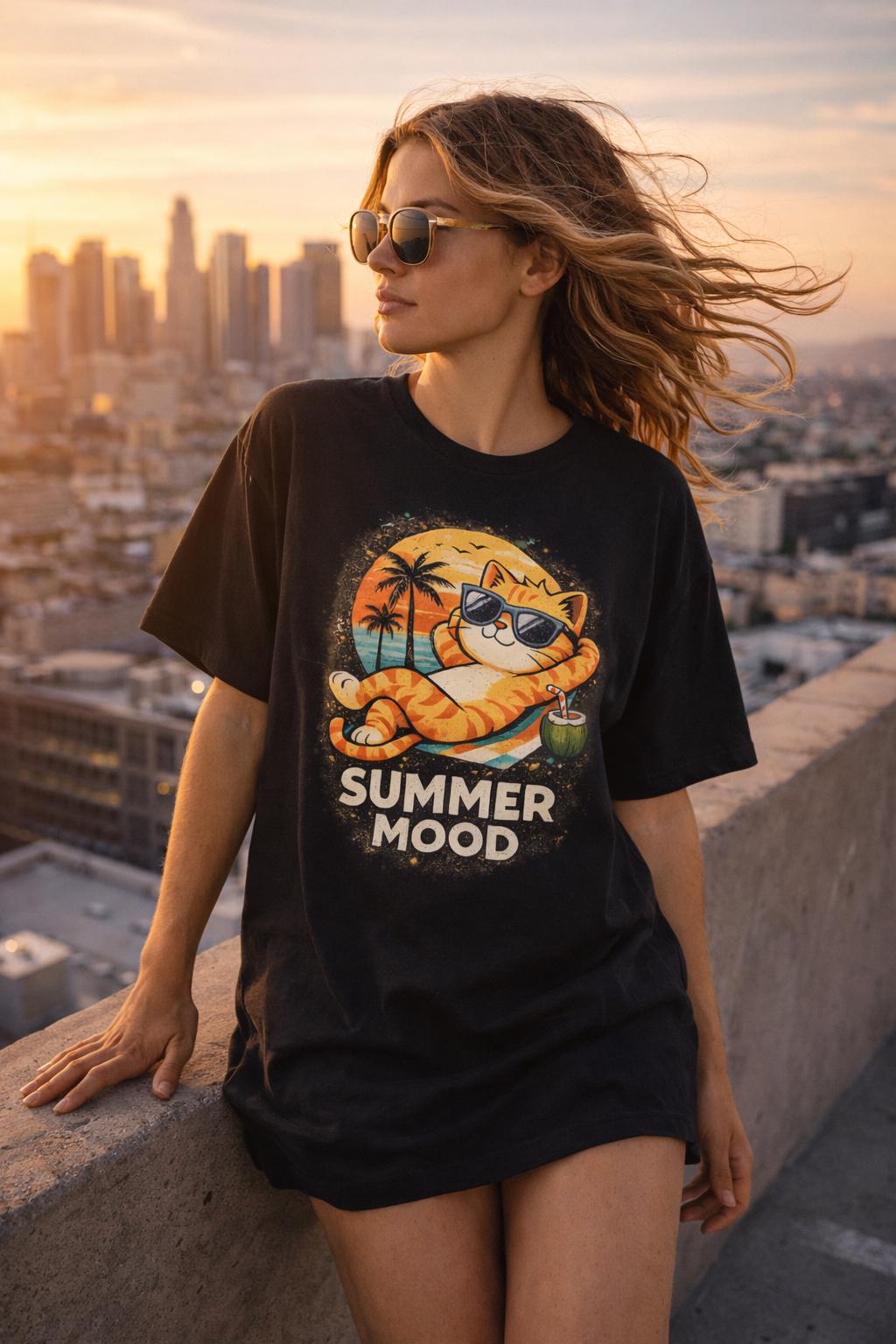 Summer Mood Cat Graphic Tee, Tropical Vacation Shirt