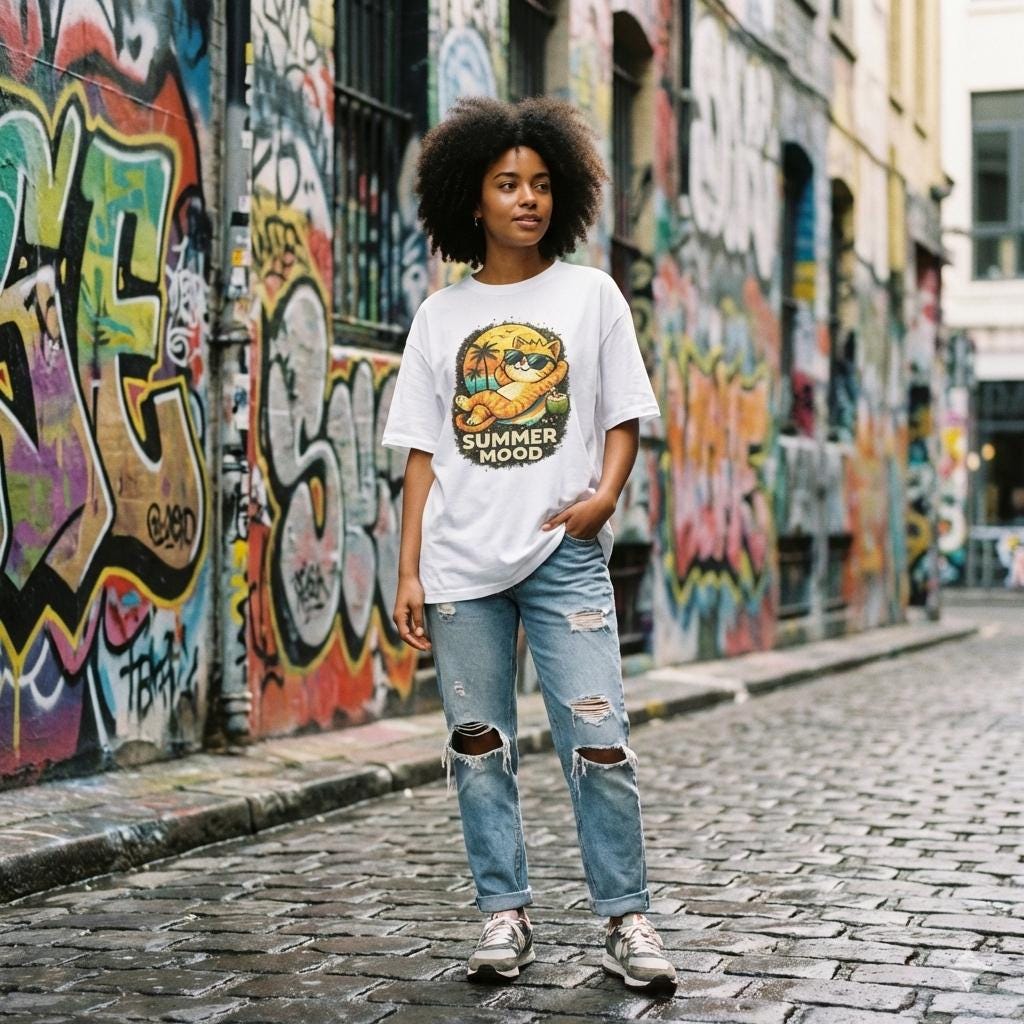 Summer Mood Cat Graphic Tee, Tropical Vacation Shirt