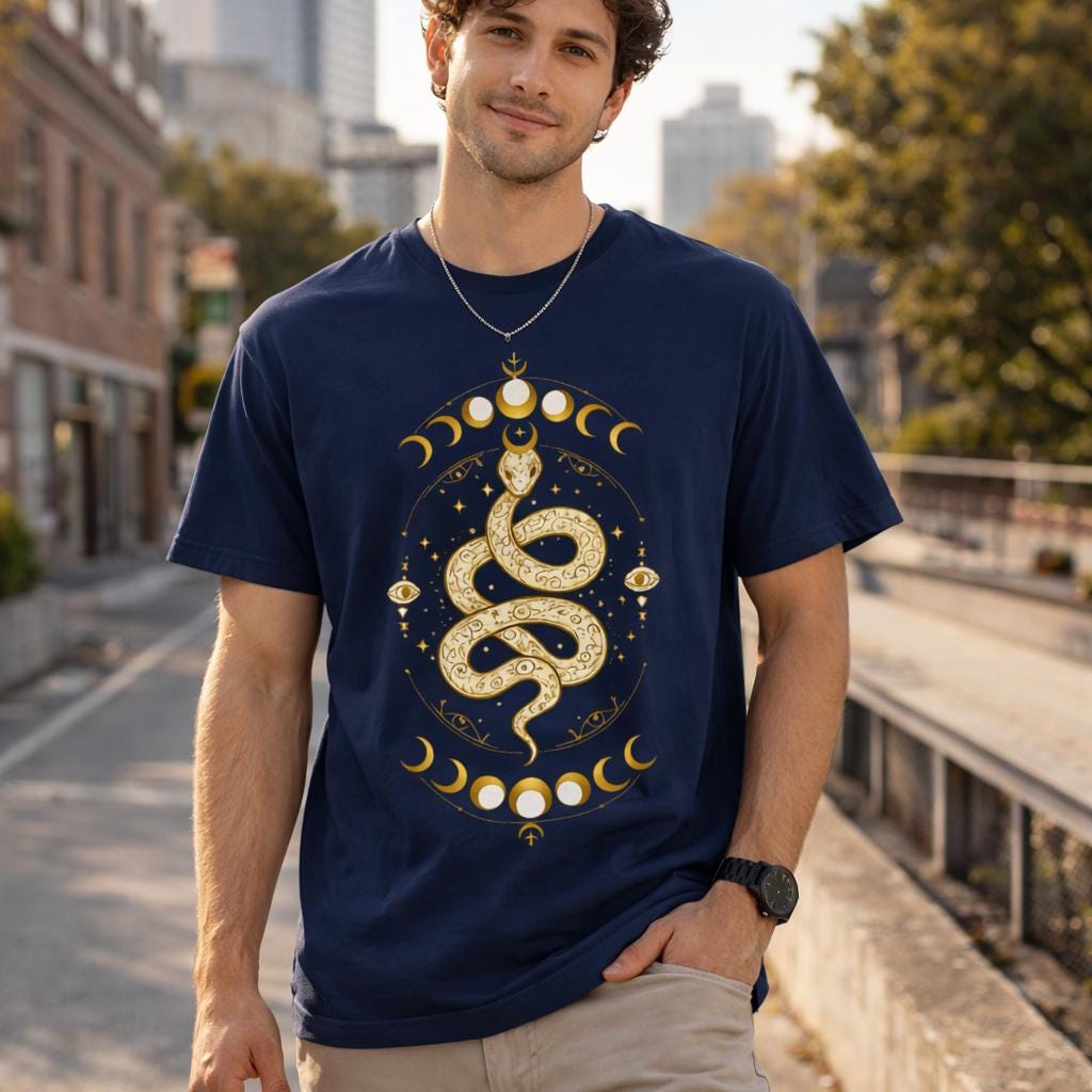 Mystic Snake Graphic Tee, Celestial Moon Phases, Spiritual Unisex Shirt