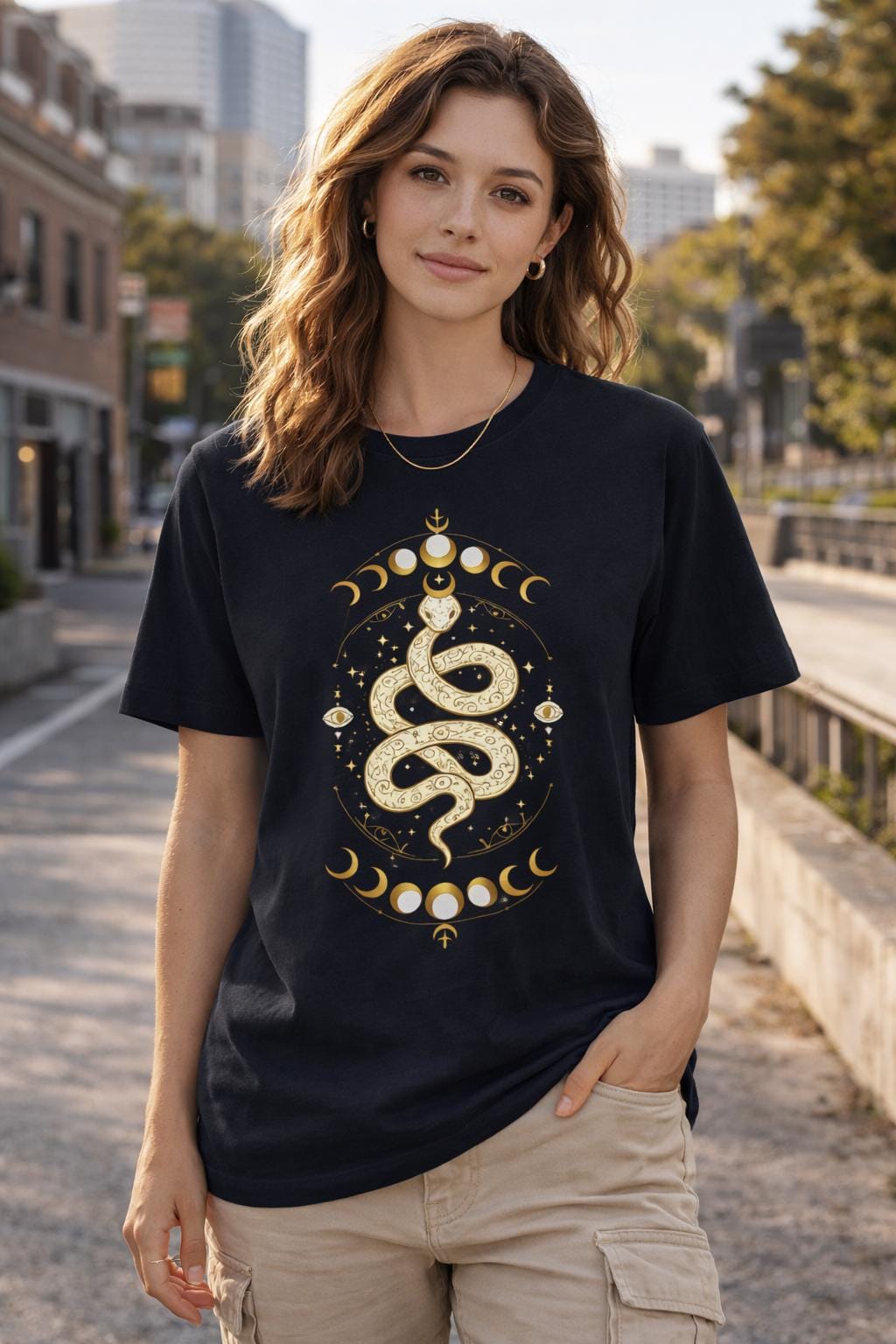 Mystic Snake Graphic Tee, Celestial Moon Phases, Spiritual Unisex Shirt