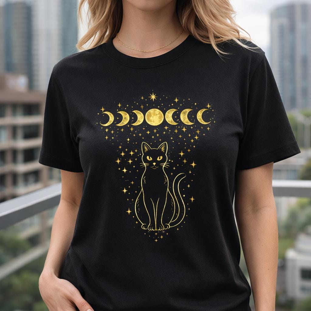 Black Cat Moon Phases Shirt, Celestial Witchy Cat Tee, Halloween Gift for Lovers