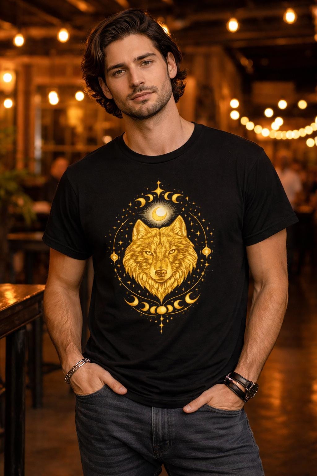 Wolf Moon Celestial Graphic T-Shirt, Boho Spiritual Wolf Tee