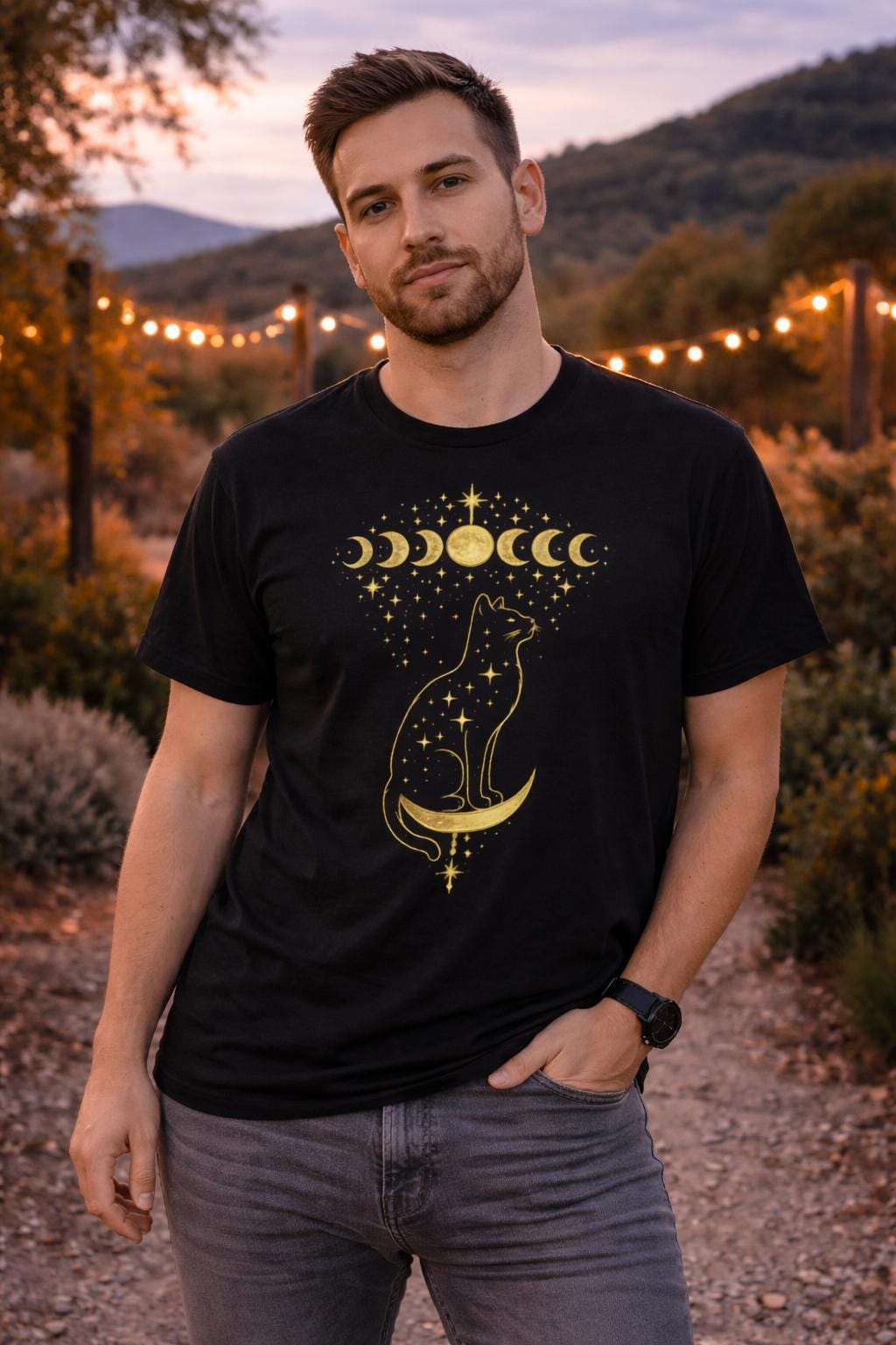 Celestial Cat Moon Phase T-Shirt, Witchy Astrology Graphic Tee