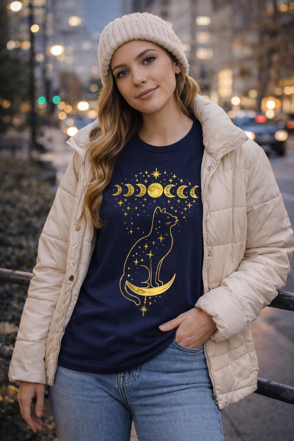 Celestial Cat Moon Phase T-Shirt, Witchy Astrology Graphic Tee