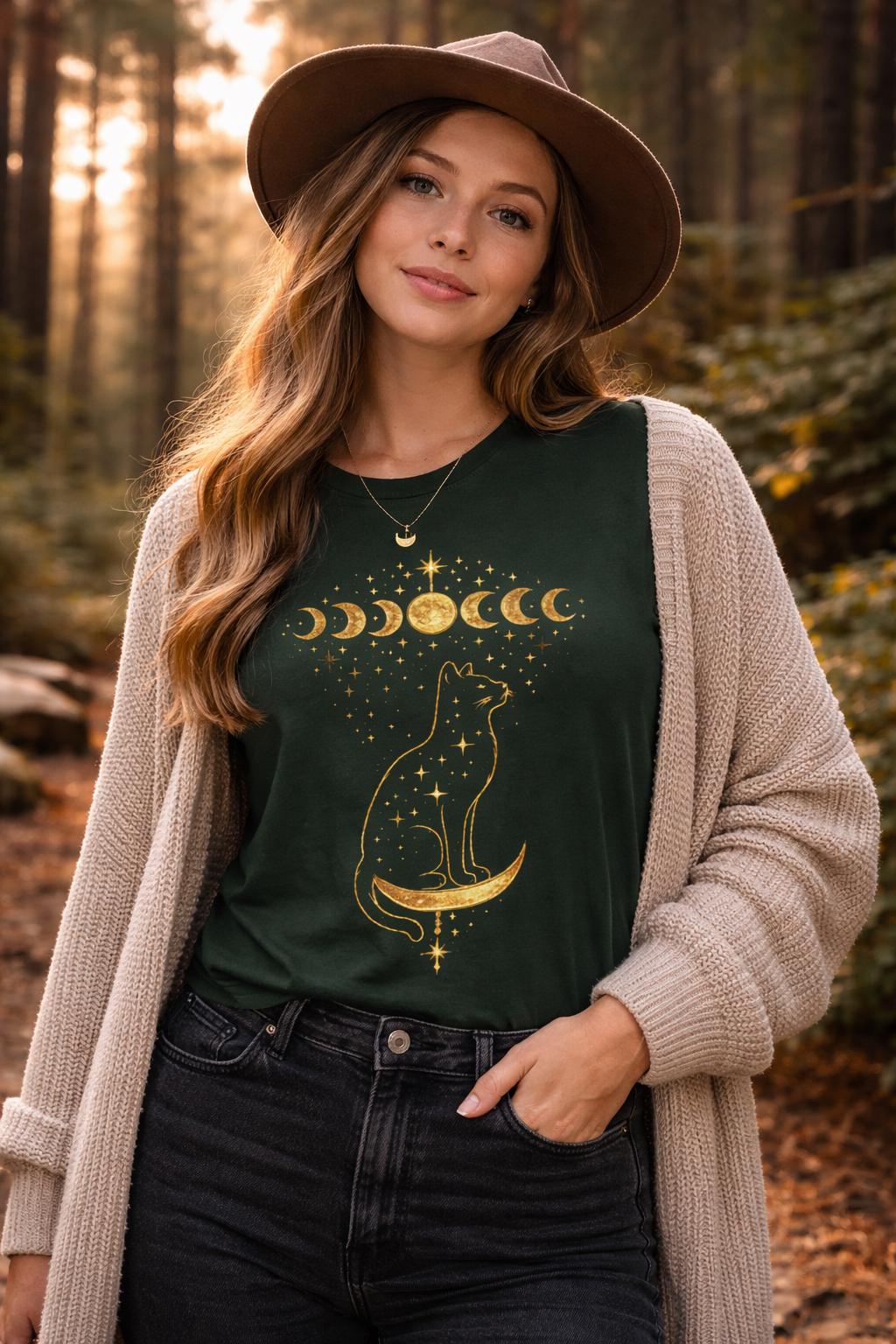 Celestial Cat Moon Phase T-Shirt, Witchy Astrology Graphic Tee