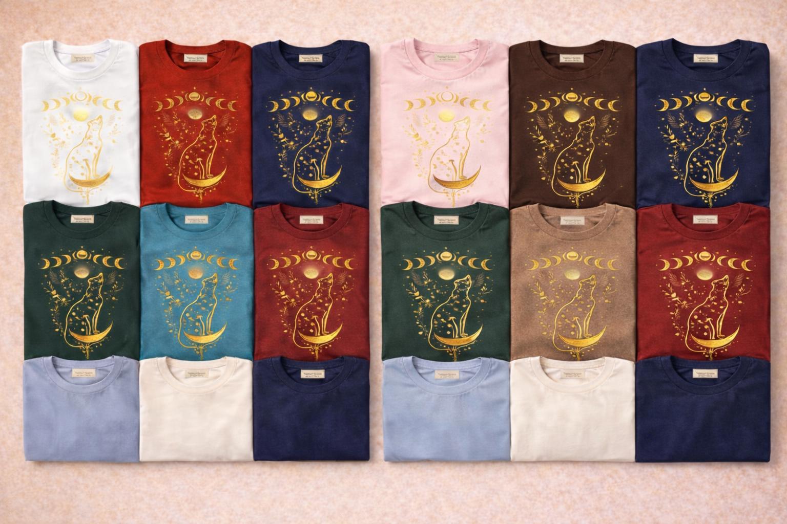 Celestial Cat Moon Phase T-Shirt, Witchy Astrology Graphic Tee