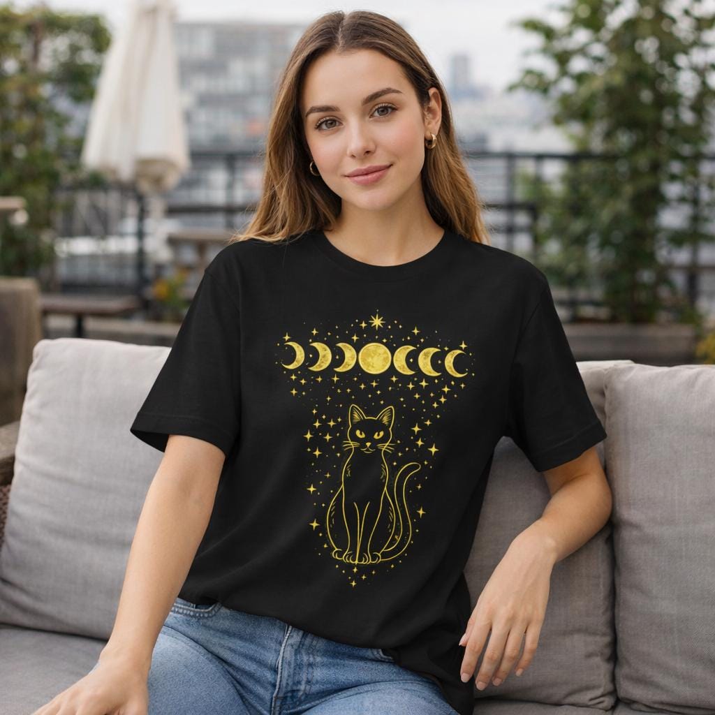 Black Cat Moon Phases Shirt, Celestial Witchy Cat Tee, Halloween Gift for Lovers