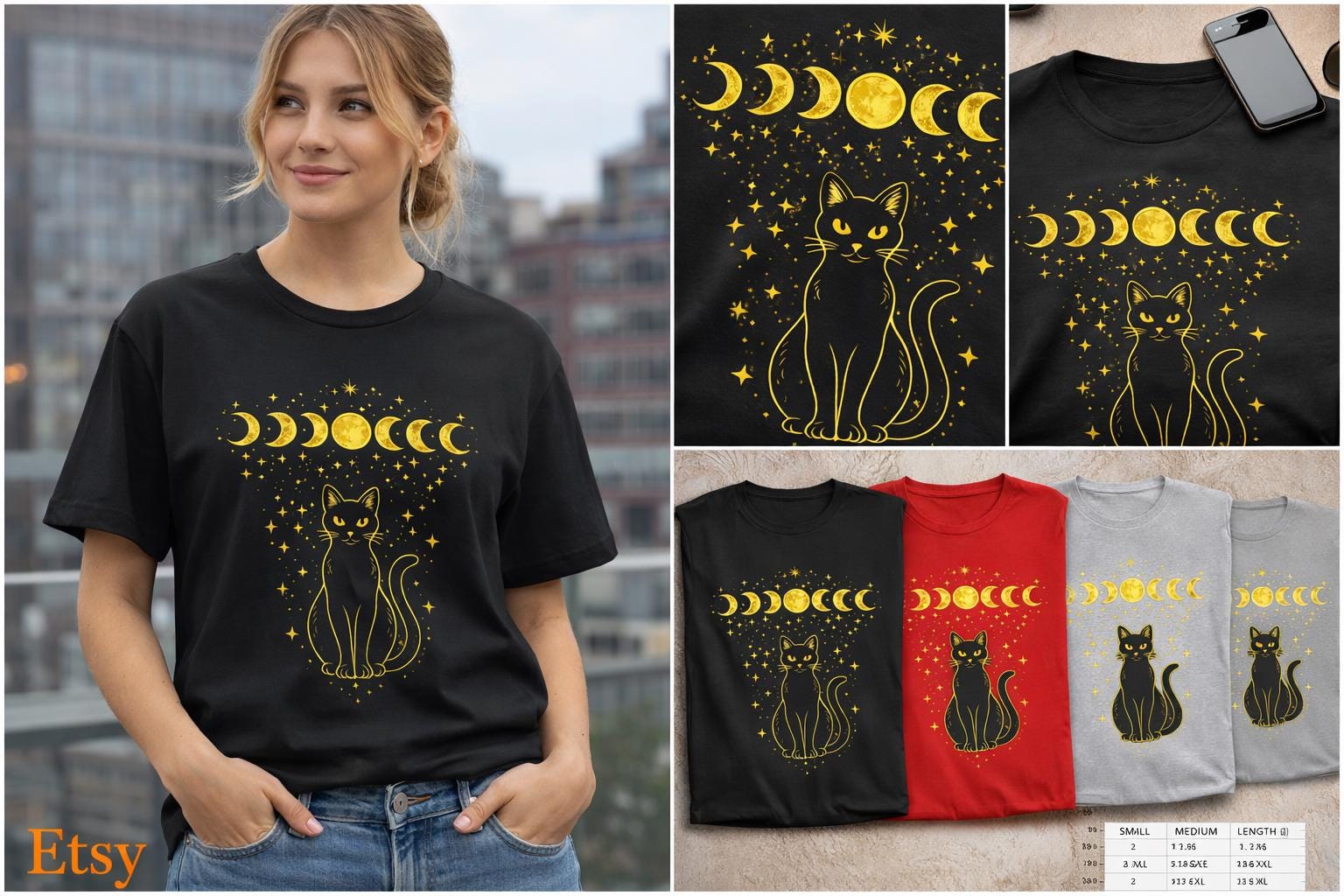 Black Cat Moon Phases Shirt, Celestial Witchy Cat Tee, Halloween Gift for Lovers