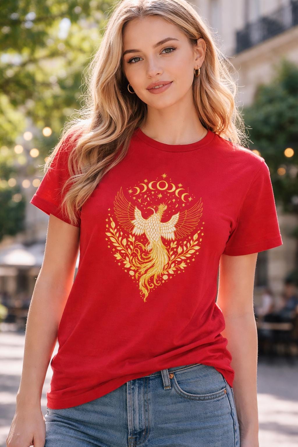 Phoenix Rising Shirt, Gold Celestial Phoenix Tee, Moon Phase Graphic T-Shirt, Mythology Inspired Gift