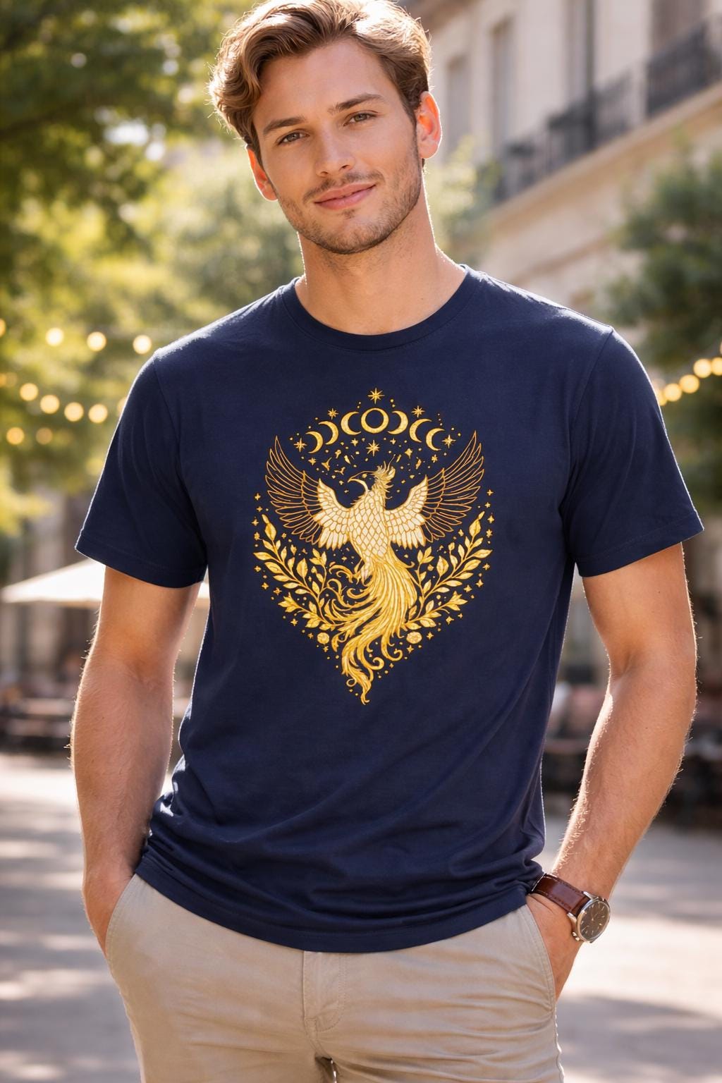 Phoenix Rising Shirt, Gold Celestial Phoenix Tee, Moon Phase Graphic T-Shirt, Mythology Inspired Gift