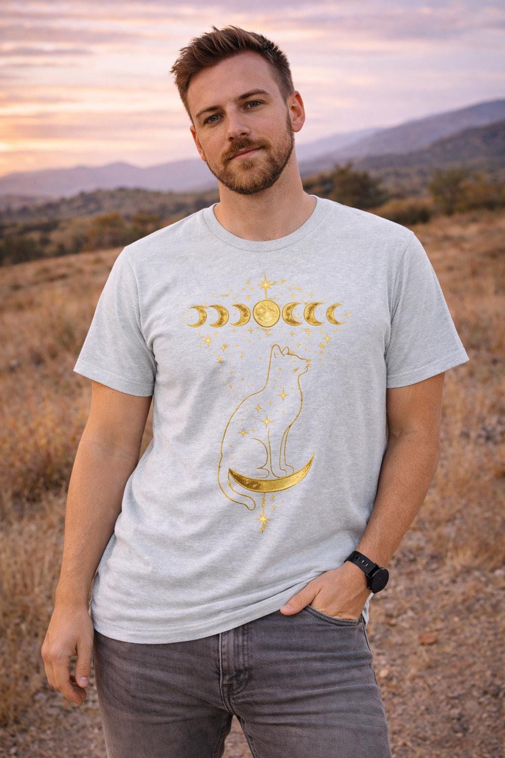 Celestial Cat Moon Phase T-Shirt, Witchy Astrology Graphic Tee