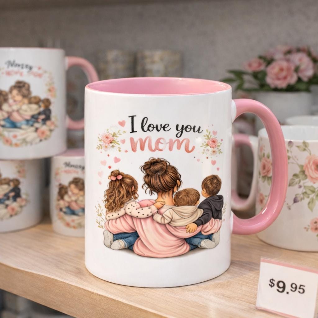 I Love You Mom Mug – Floral Pink Ceramic Coffee Cup (Made in USA)