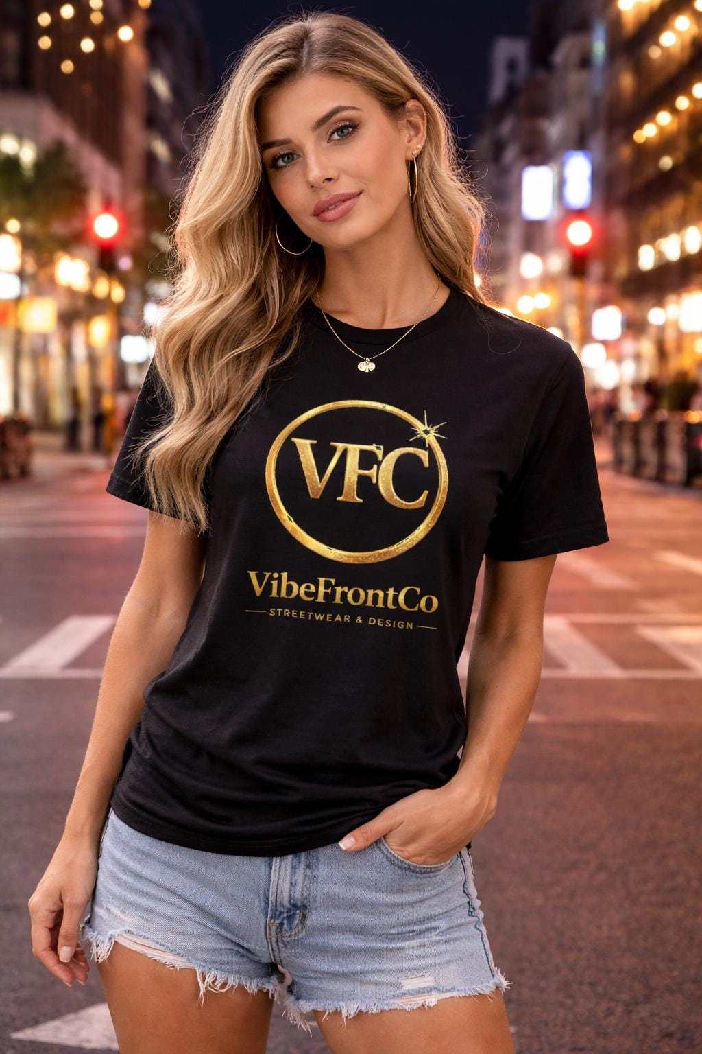 VibeFrontCo Gold Logo T-Shirt, Minimalist Black Streetwear Tee, Unisex Urban Fashion