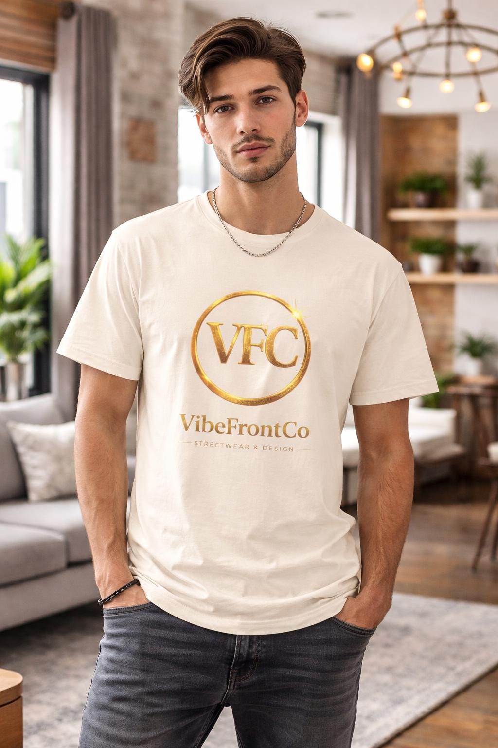 VibeFrontCo Gold Logo T-Shirt, Minimalist Black Streetwear Tee, Unisex Urban Fashion