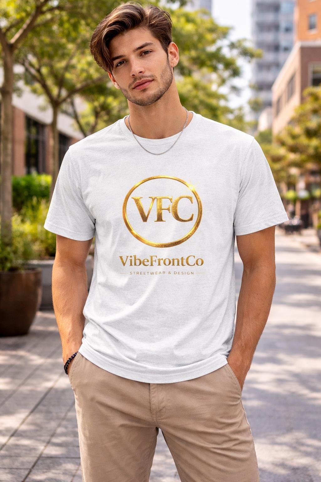 VibeFrontCo Gold Logo T-Shirt, Minimalist Black Streetwear Tee, Unisex Urban Fashion