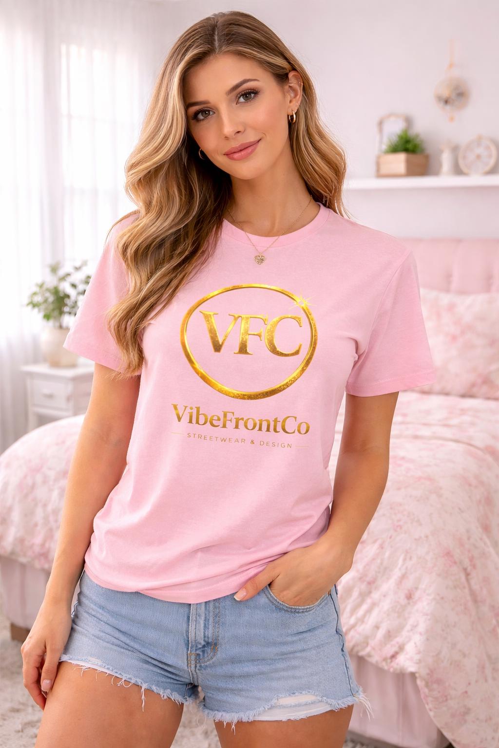 VibeFrontCo Gold Logo T-Shirt, Minimalist Black Streetwear Tee, Unisex Urban Fashion