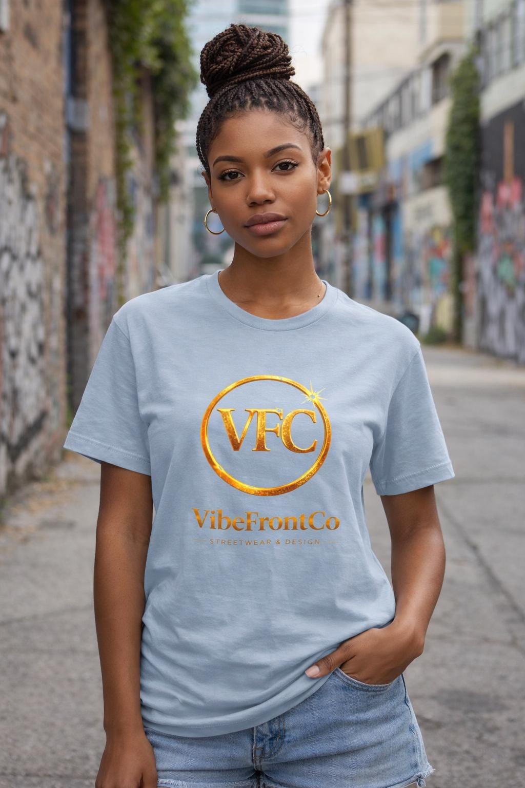 VibeFrontCo Gold Logo T-Shirt, Minimalist Black Streetwear Tee, Unisex Urban Fashion
