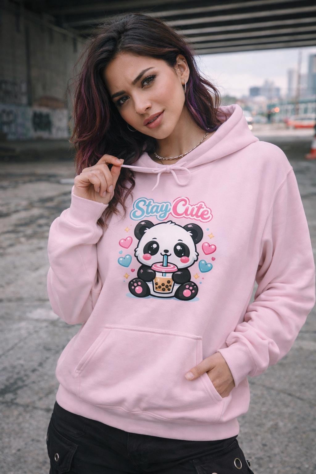 Kawaii Panda Bubble Tea Hoodie, Pastel Pink Sweatshirt