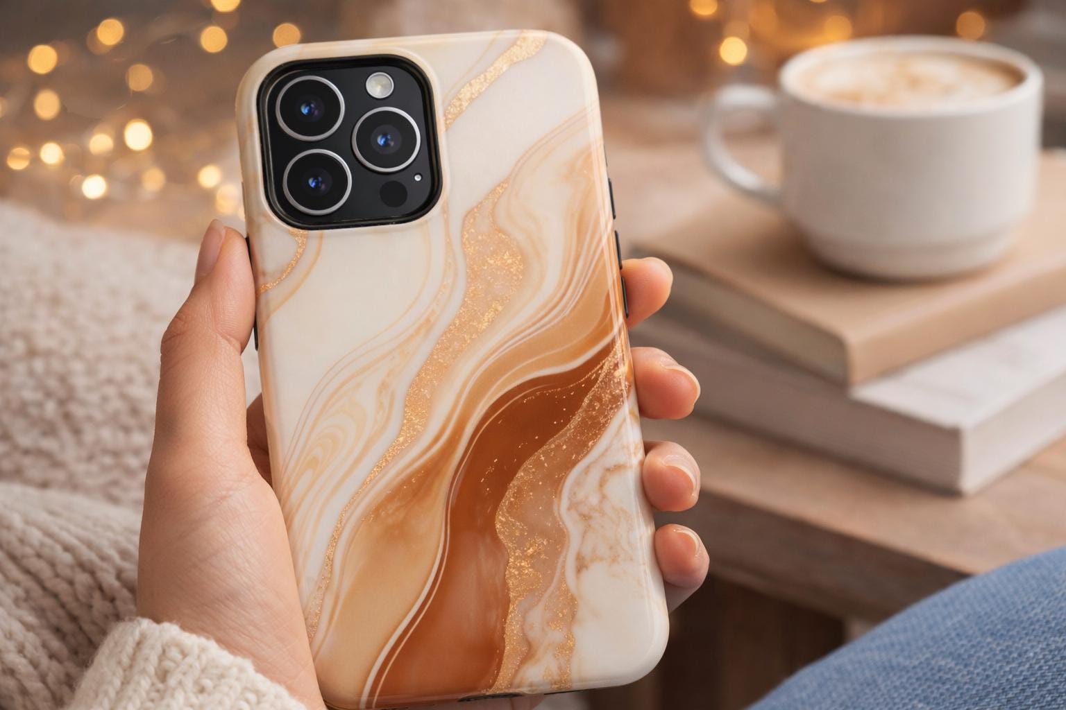 Beige Gold Marble Phone Case, Chic Minimalist Design, Protective Cover