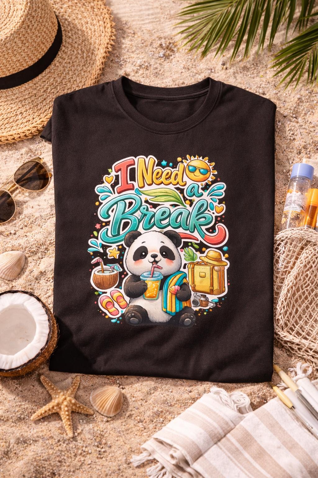 Funny Panda T-Shirt, Vacation Vibes Graphic Tee, Summer Beach Shirt