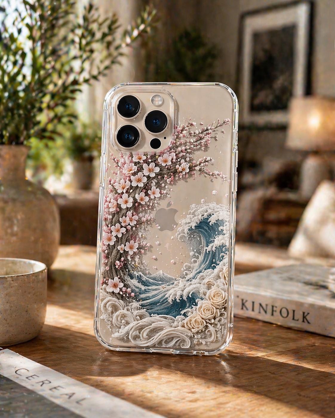 Cherry Blossom Wave iPhone Case, Floral Ocean Phone Cover, Japan Style Clear Case