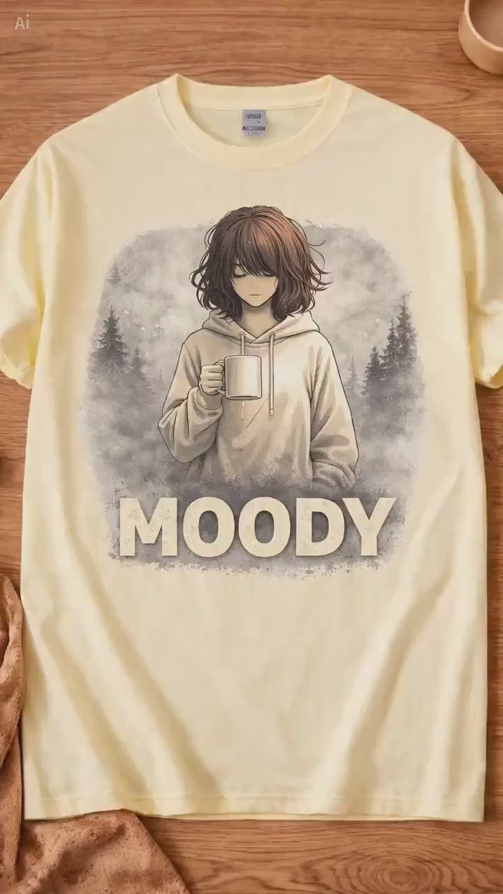 Moody T-Shirt, Vintage Anime Girl Shirt, Cozy Coffee Mood Tee, Soft Minimal Graphic