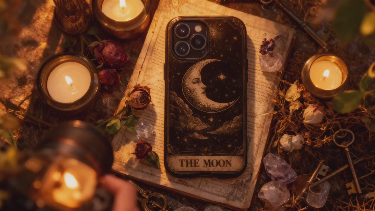 The Moon Tarot Phone Case, Vintage Celestial , Witchy  Cover, Black Gold Design, Astrology Spiritual Gift